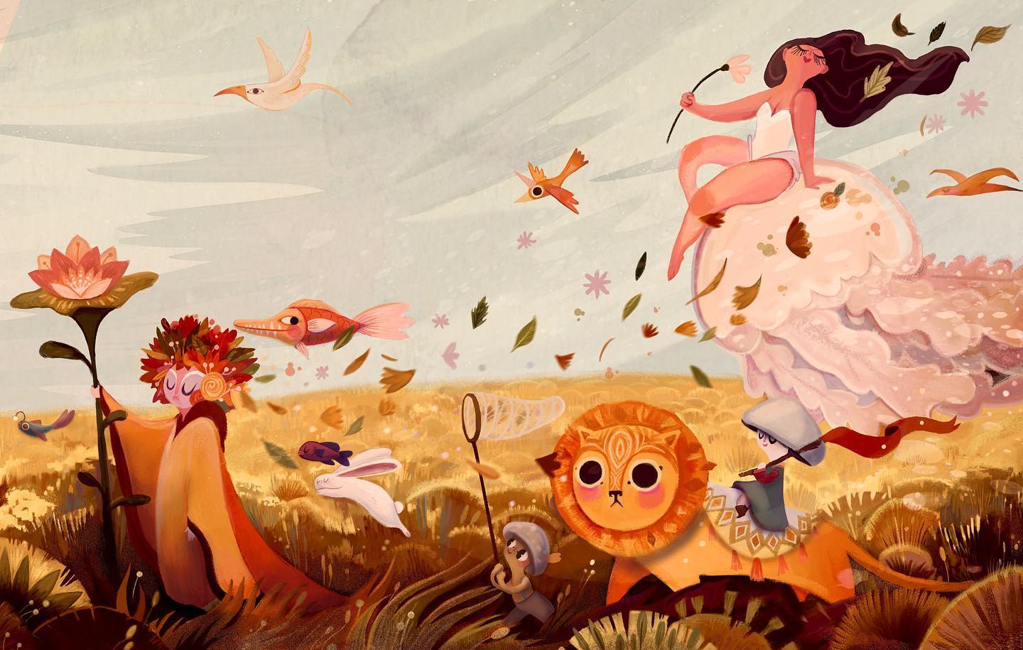 Fantasy girl on a cloud with lion and woodland creatures